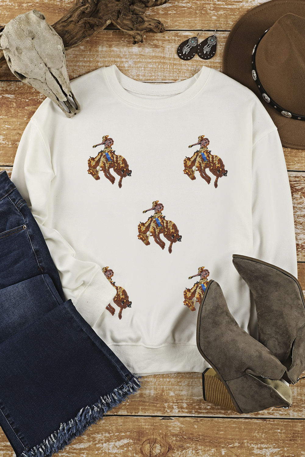 Casual Western Graphic Sweatshirt with Sequin Detailing - White - Detail View 6 Casual Western Graphic Sweatshirt with Sequin Detailing - White - Detail View 6