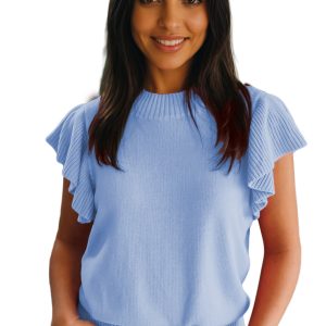 Women's Beau Blue Ribbed Trim Short Sleeve Sweater – Casual Summer Style for Daily Wear - Main View