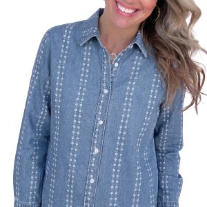 Womens Floral Denim Shirt, Casual Long Sleeve Button Down - Main View
