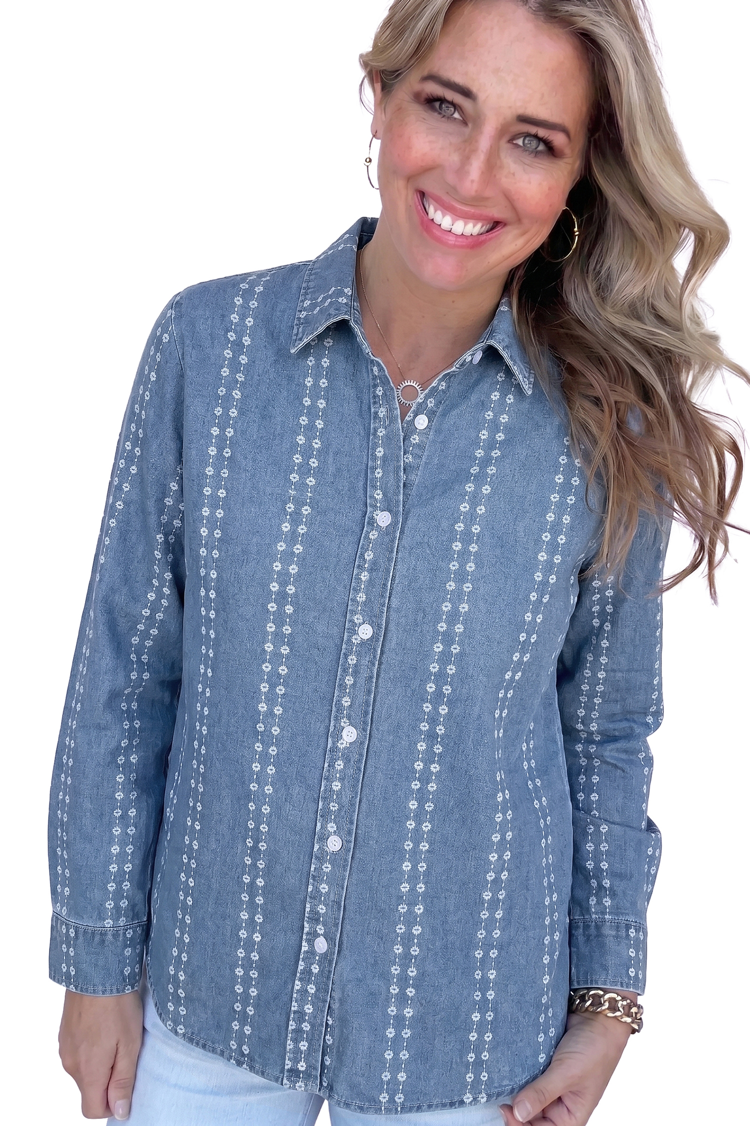 Womens Floral Denim Shirt, Casual Long Sleeve Button Down - Main View Womens Floral Denim Shirt, Casual Long Sleeve Button Down - Main View