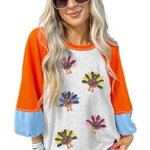 Women's Light Grey Thanksgiving Turkey Sequin Graphic Top – Casual Color Block Long Sleeve for Fall Celebrations - Main View