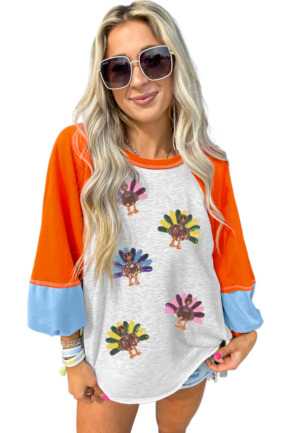 Women's Light Grey Thanksgiving Turkey Sequin Graphic Top – Casual Color Block Long Sleeve for Fall Celebrations - Main View Women's Light Grey Thanksgiving Turkey Sequin Graphic Top – Casual Color Block Long Sleeve for Fall Celebrations - Main View