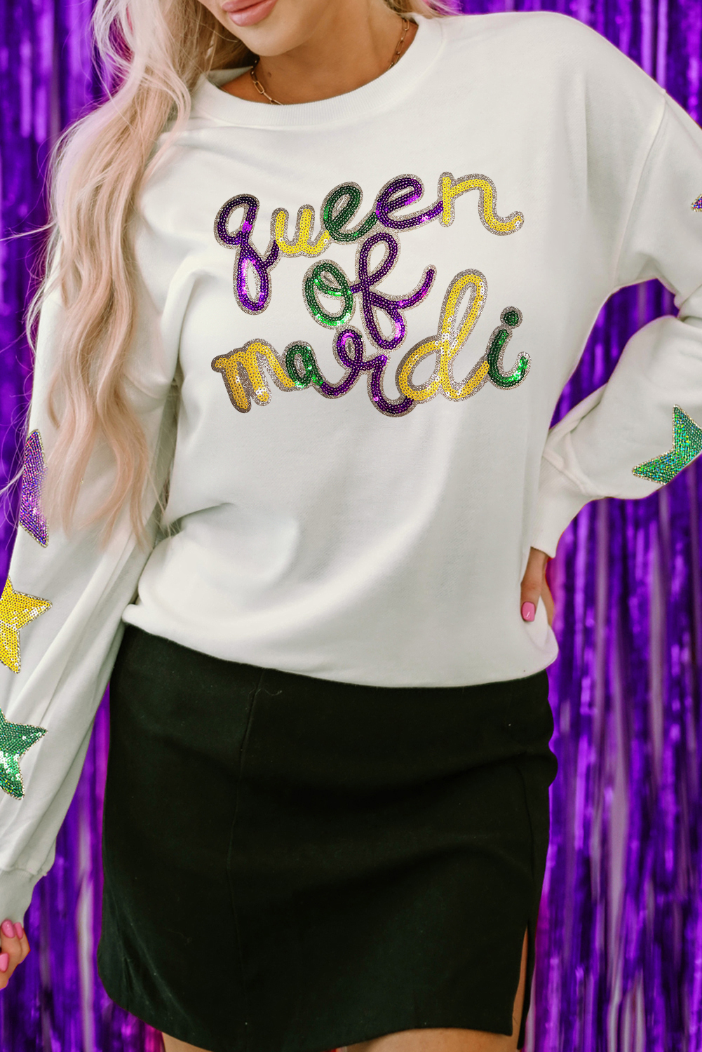 Trendy Round Neck Graphic Sweatshirt for Women - Perfect for Fall & Mardi Gras - Detail View 3 Trendy Round Neck Graphic Sweatshirt for Women - Perfect for Fall & Mardi Gras - Detail View 3
