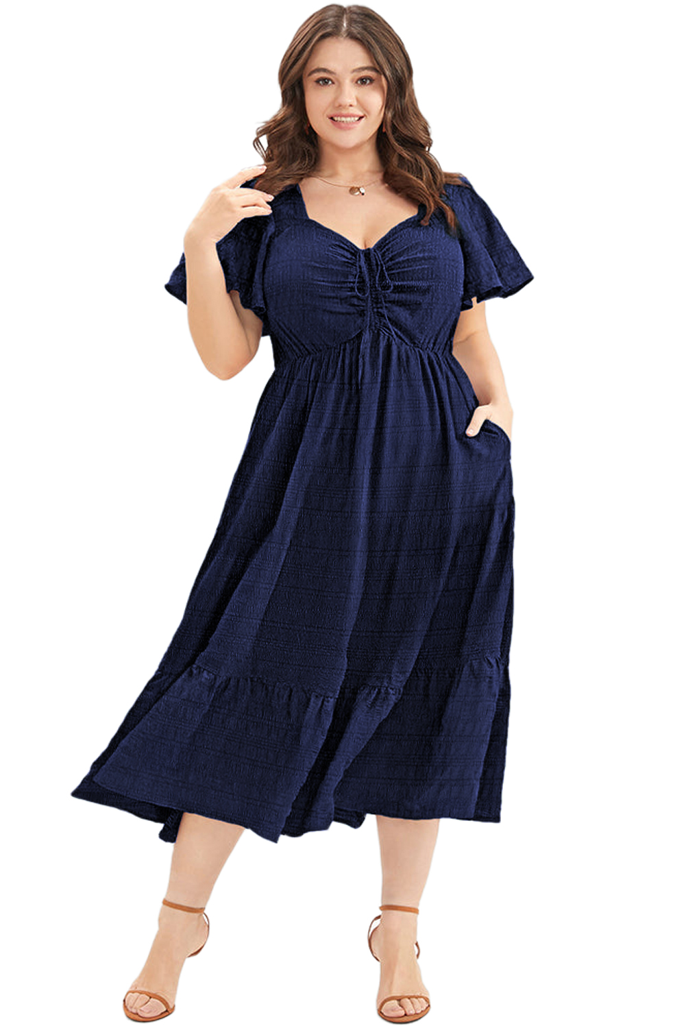 Chic Blue Short Sleeve Midi Dress for Women – High Waist Design with Pockets, Ideal for Daily Wear - Detail View 2 Chic Blue Short Sleeve Midi Dress for Women – High Waist Design with Pockets, Ideal for Daily Wear - Detail View 2