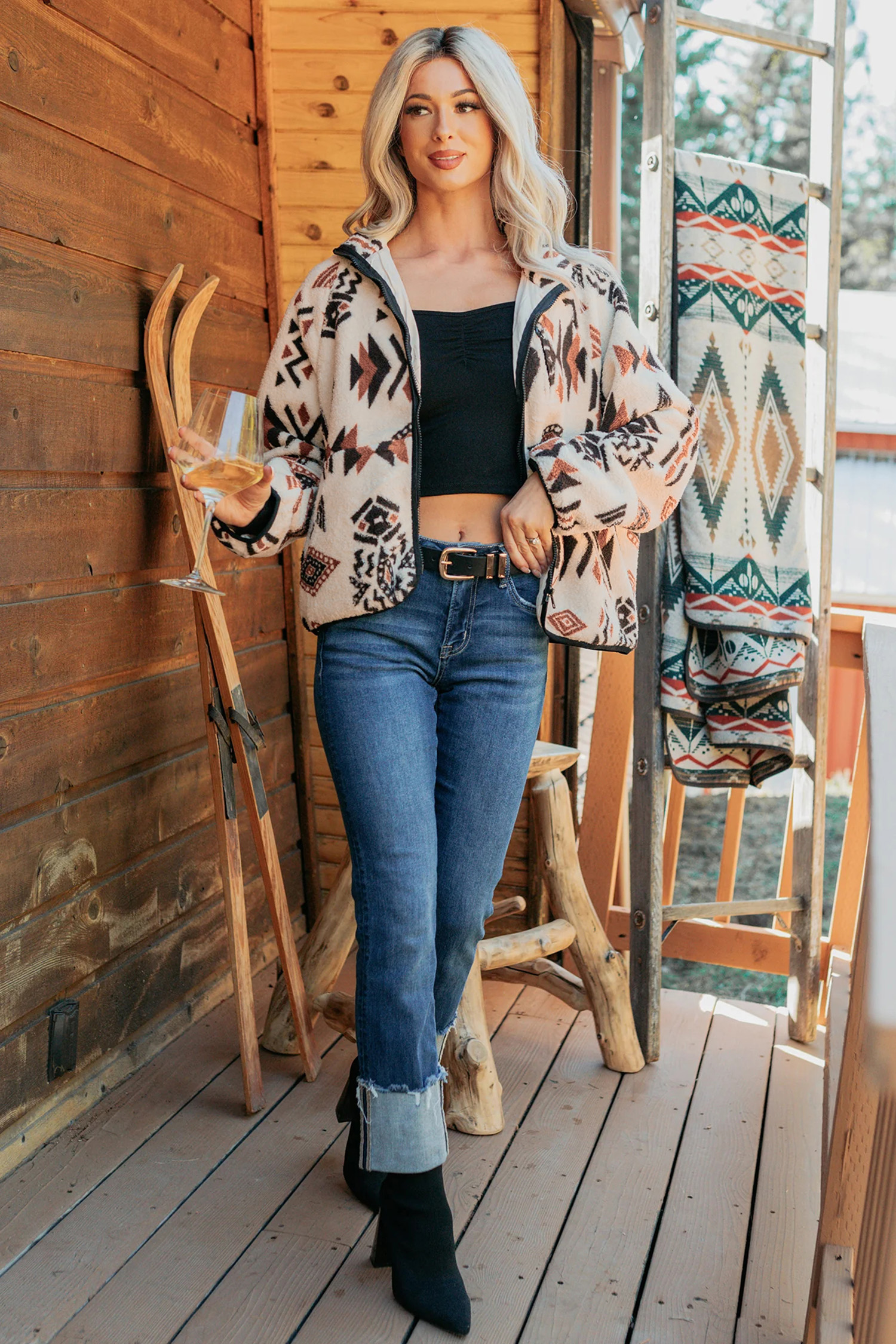 Western Print Sherpa Jacket, Beige Long Sleeve Zip Up Top - Detail View 5 Western Print Sherpa Jacket, Beige Long Sleeve Zip Up Top - Detail View 5