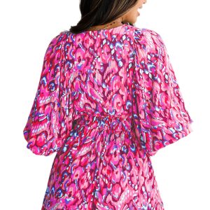 Women's Pink Abstract Print Puff Sleeve V Neck High Waist Romper for Summer Vacations - Main View