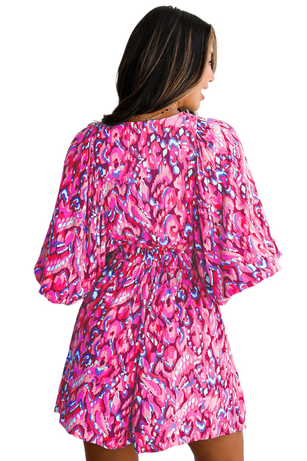 Women's Pink Abstract Print Puff Sleeve V Neck High Waist Romper for Summer Vacations - Main View Women's Pink Abstract Print Puff Sleeve V Neck High Waist Romper for Summer Vacations - Main View