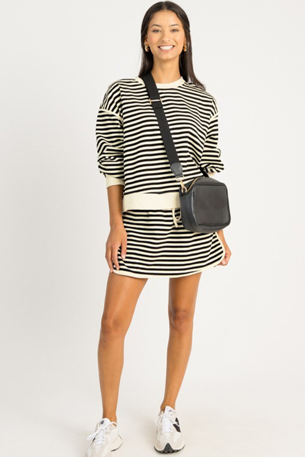 Women's Fall Black Stripe Textured Top and Skirt Set for Daily Wear - Detail View 9 Women's Fall Black Stripe Textured Top and Skirt Set for Daily Wear - Detail View 9