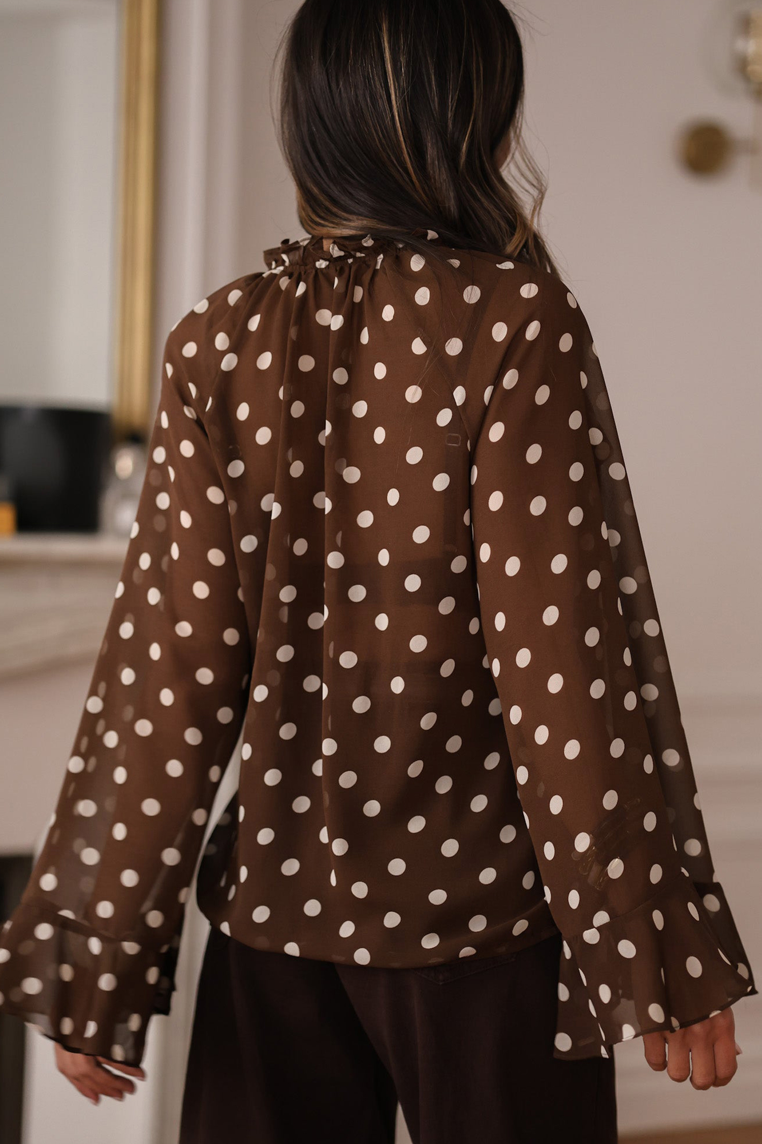 Elegant Women's V Neck Polka Dot Blouse – Coffee Print Ruffle Trim Long Sleeve Top for Spring - Detail View 3 Elegant Women's V Neck Polka Dot Blouse – Coffee Print Ruffle Trim Long Sleeve Top for Spring - Detail View 3