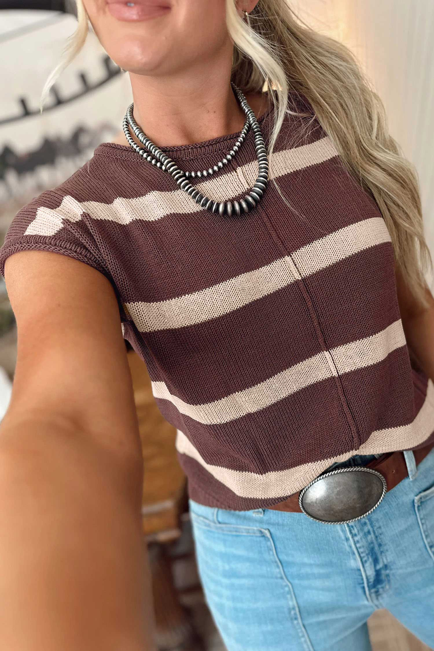 Autumn Striped Knit Sweater, Comfortable Daily Shift Top - Detail View 3 Autumn Striped Knit Sweater, Comfortable Daily Shift Top - Detail View 3