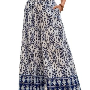 Women's Blue Boho Pattern High Waist Wide Leg Loose Pants for Summer - Main View