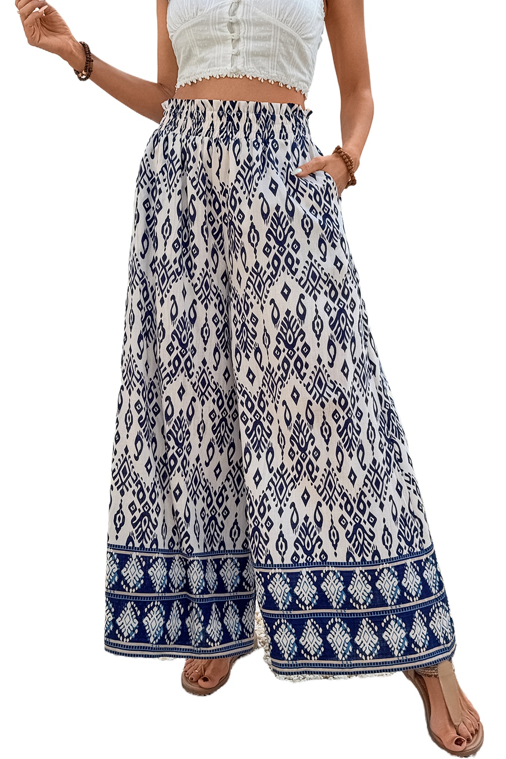 Women's Blue Boho Pattern High Waist Wide Leg Loose Pants for Summer - Main View Women's Blue Boho Pattern High Waist Wide Leg Loose Pants for Summer - Main View