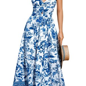Women's Sky Blue Floral Maxi Dress – Bohemian Spaghetti Strap Backless A-Line Gown for Summer Vacation - Main View