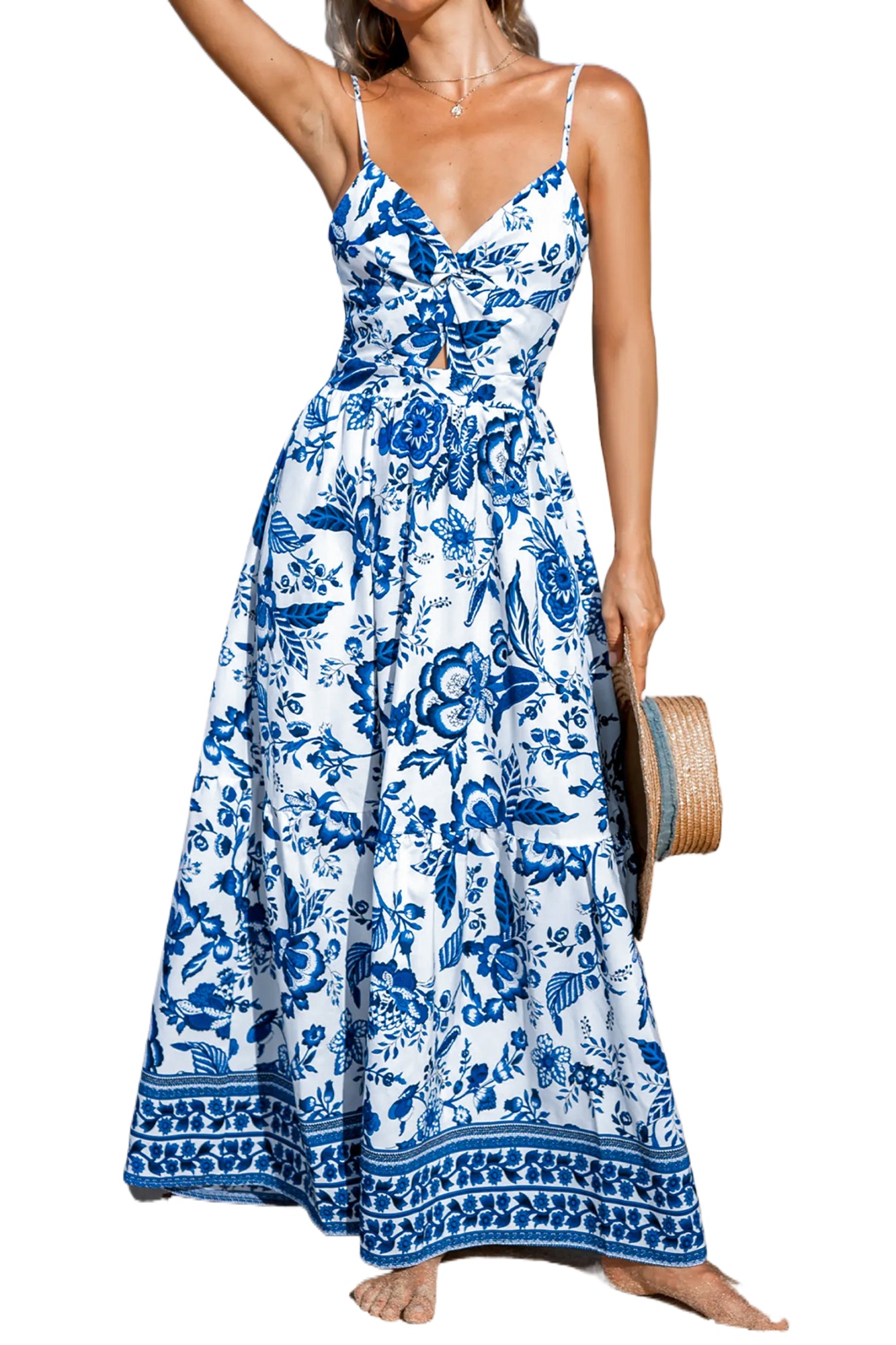 Women's Sky Blue Floral Maxi Dress – Bohemian Spaghetti Strap Backless A-Line Gown for Summer Vacation - Main View Women's Sky Blue Floral Maxi Dress – Bohemian Spaghetti Strap Backless A-Line Gown for Summer Vacation - Main View