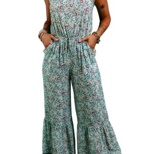 Women's Green Bohemian Floral Ruffle Bottom Spaghetti Strap Jumpsuit for Summer - Main View