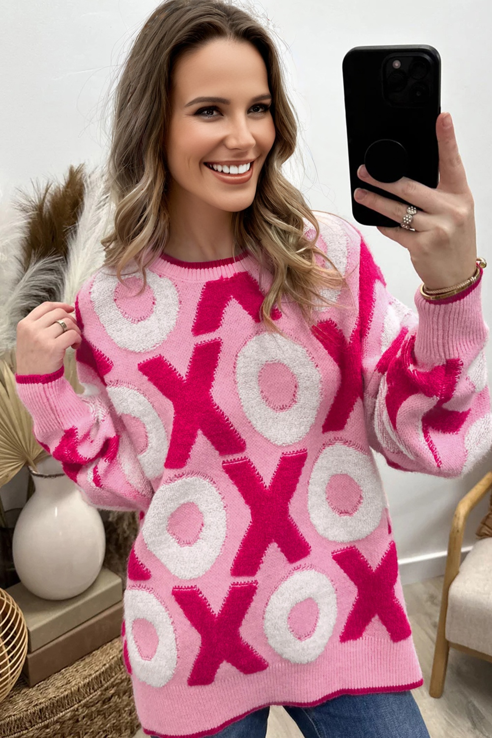Cozy Pink Drop Shoulder Sweater for Women – Daily Valentine's Wear - Detail View 2 Cozy Pink Drop Shoulder Sweater for Women – Daily Valentine's Wear - Detail View 2