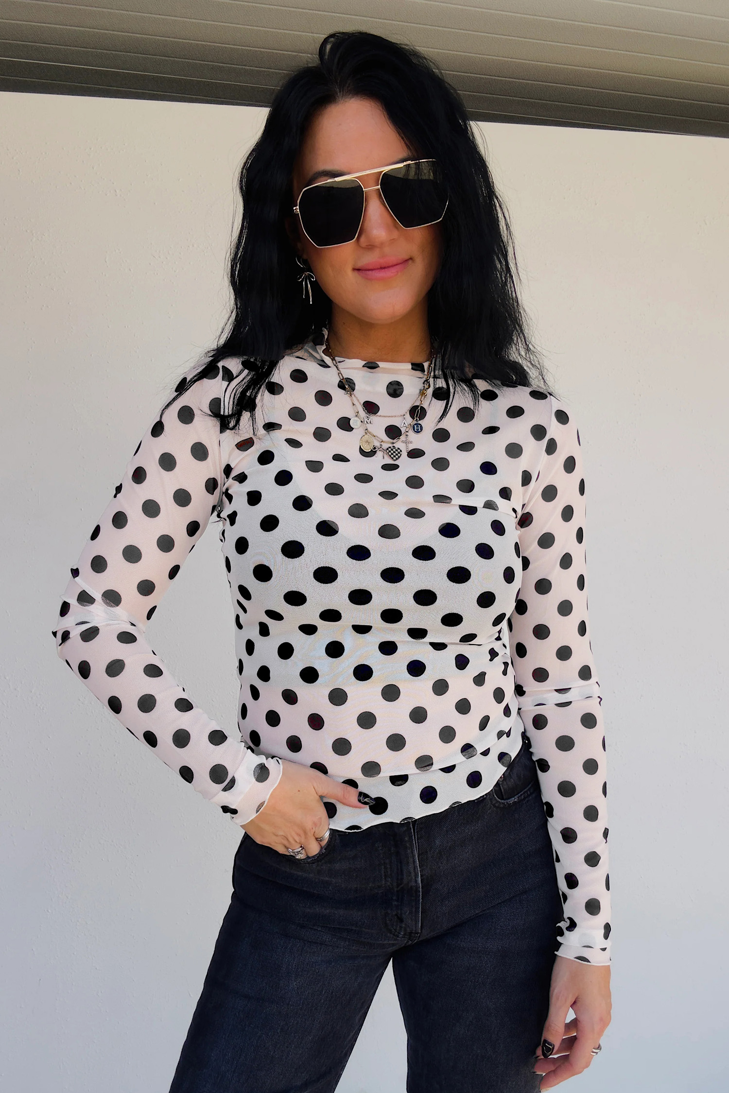 Women's Polka Dot Mesh Top – Sheer Long Sleeve Mock Neck - Detail View 16 Women's Polka Dot Mesh Top – Sheer Long Sleeve Mock Neck - Detail View 16