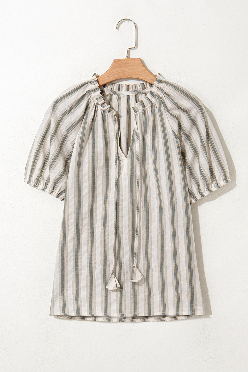 Short Puff Sleeve Gray Blouse with Tie Accent - Versatile and Stylish for Every Occasion - Detail View 7 Short Puff Sleeve Gray Blouse with Tie Accent - Versatile and Stylish for Every Occasion - Detail View 7