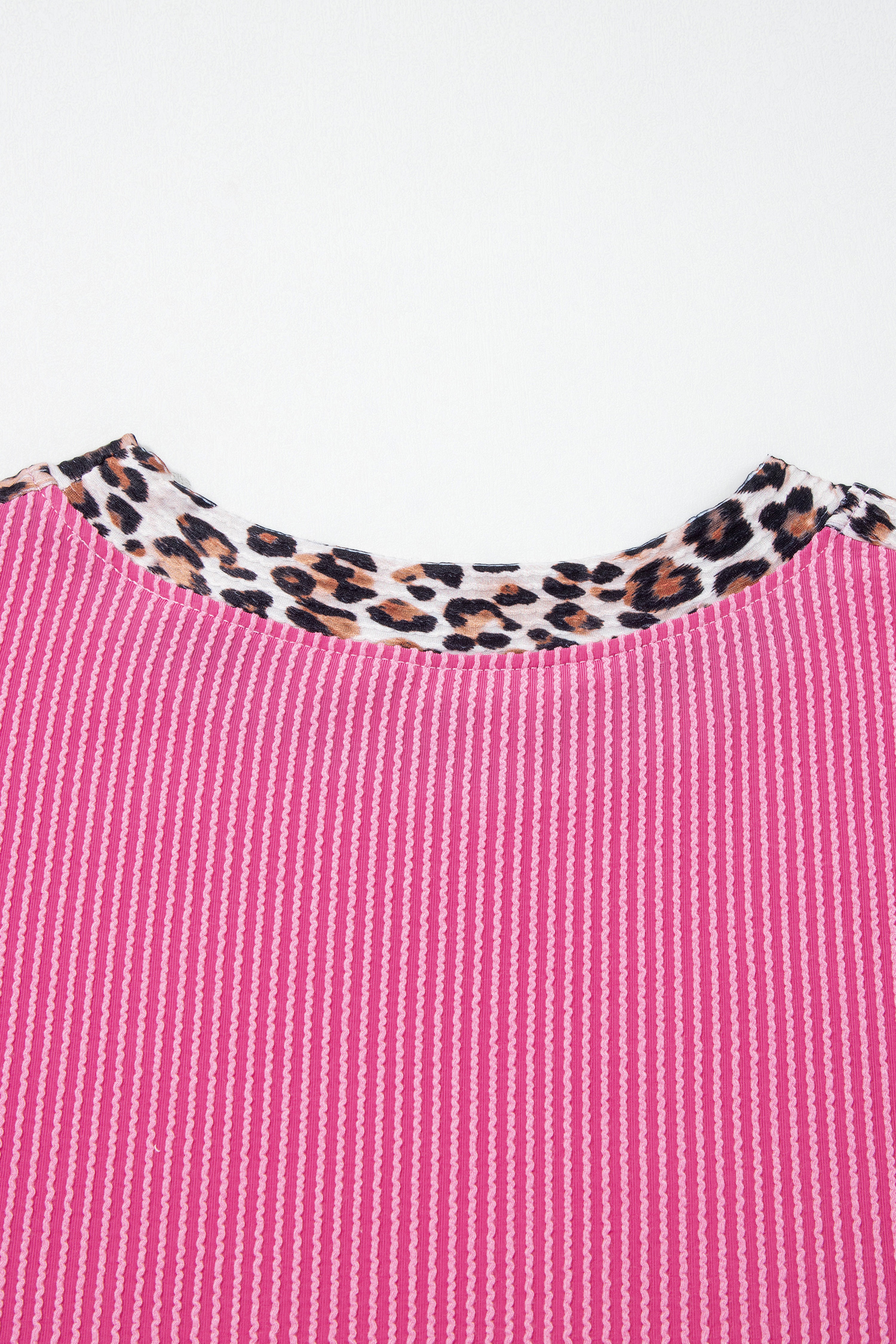 Women's Sachet Pink Ribbed Short Set – Leopard Print Trim, Short Sleeve Casual Outfit for Daily Wear - Detail View 7 Women's Sachet Pink Ribbed Short Set – Leopard Print Trim, Short Sleeve Casual Outfit for Daily Wear - Detail View 7