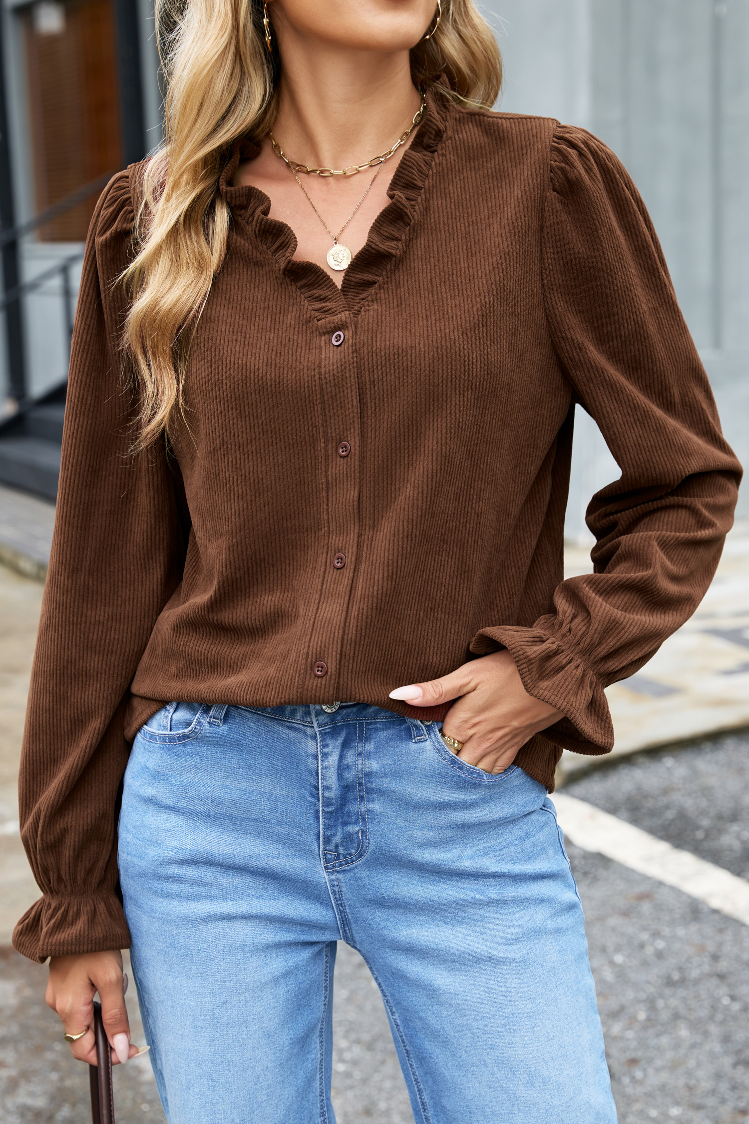 Women's Fall Corduroy Button-Up – Long Sleeve Ruffle Blouse - Detail View 6 Women's Fall Corduroy Button-Up – Long Sleeve Ruffle Blouse - Detail View 6