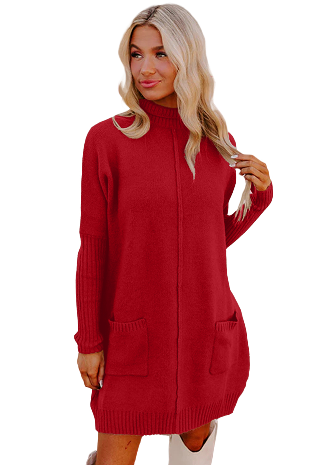 Women's Fiery Red Ribbed Shift Sweater Dress with Pockets – Casual Daily Wear - Detail View 19 Women's Fiery Red Ribbed Shift Sweater Dress with Pockets – Casual Daily Wear - Detail View 19
