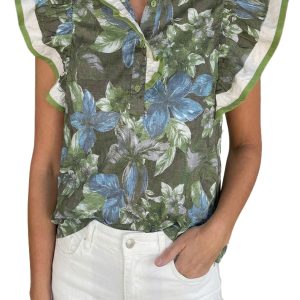 Women's Floral Ruffle Sleeve Blouse – Green Stand Neck Summer Shirt, Casual Shift Top - Main View