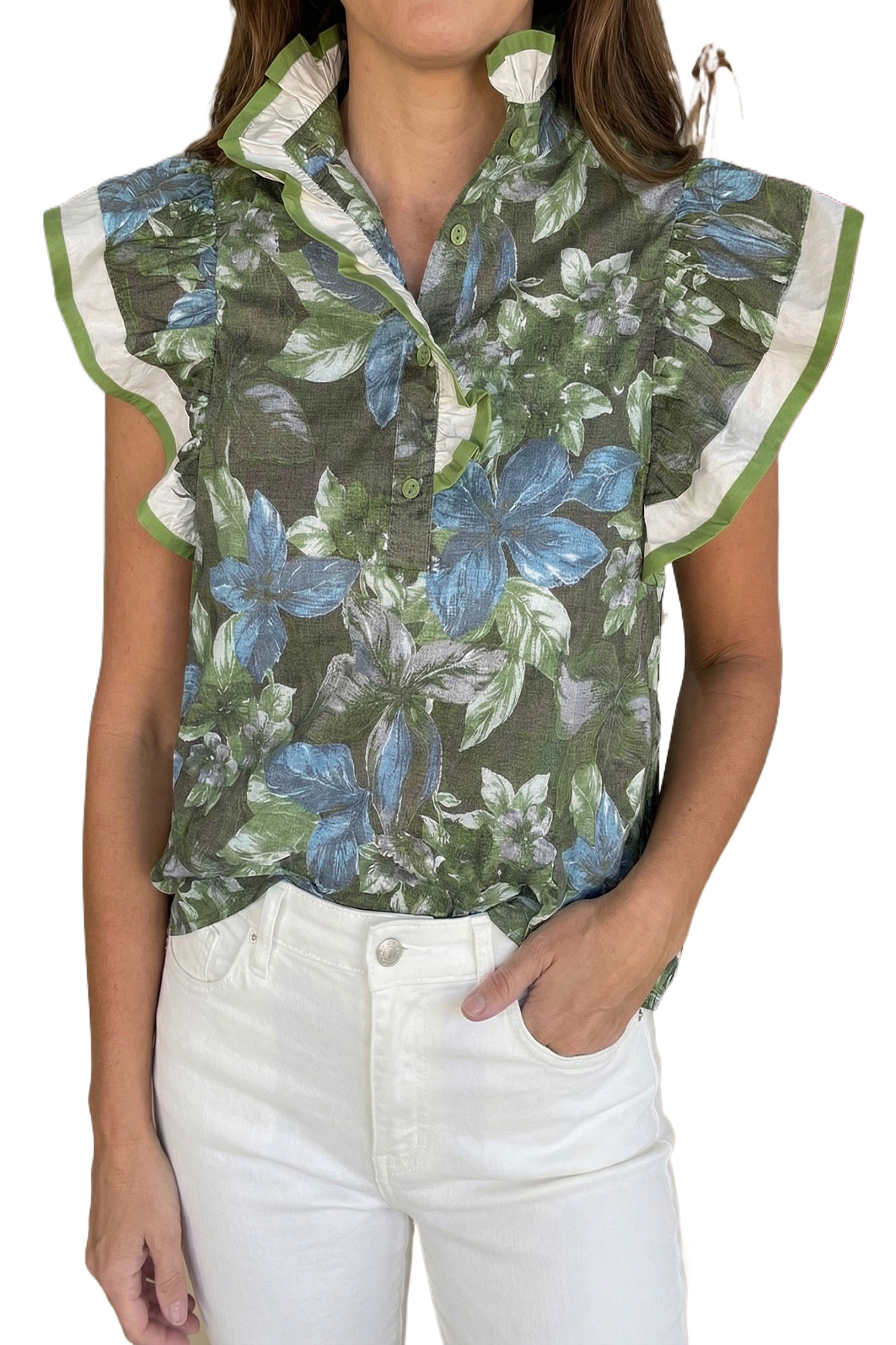 Women's Floral Ruffle Sleeve Blouse – Green Stand Neck Summer Shirt, Casual Shift Top - Main View Women's Floral Ruffle Sleeve Blouse – Green Stand Neck Summer Shirt, Casual Shift Top - Main View