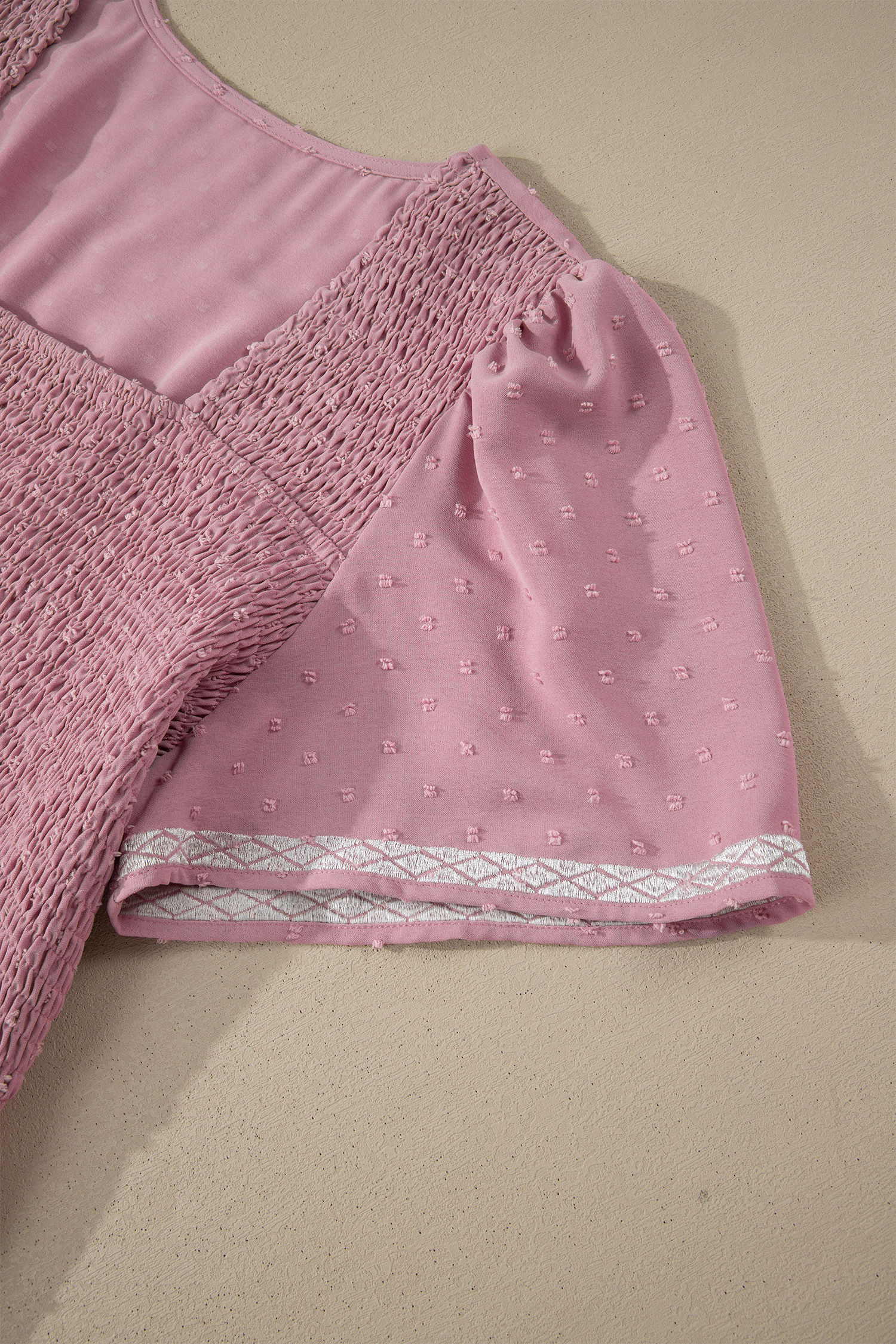 Plus Size Summer Midi Dress – Pink Swiss Dot Shift Dress with Smocked Waist for Daily Wear - Detail View 9 Plus Size Summer Midi Dress – Pink Swiss Dot Shift Dress with Smocked Waist for Daily Wear - Detail View 9