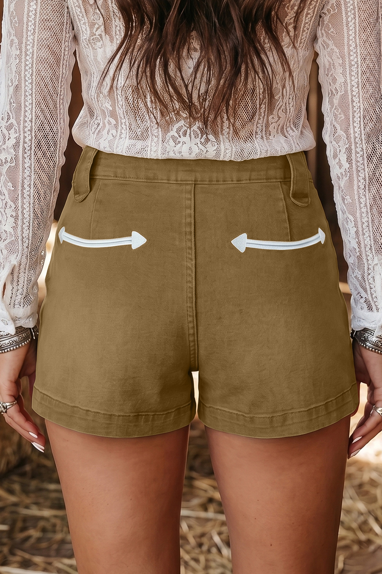 Western Denim Shorts, Khaki Arrow Detail For Women - Detail View 2 Western Denim Shorts, Khaki Arrow Detail For Women - Detail View 2