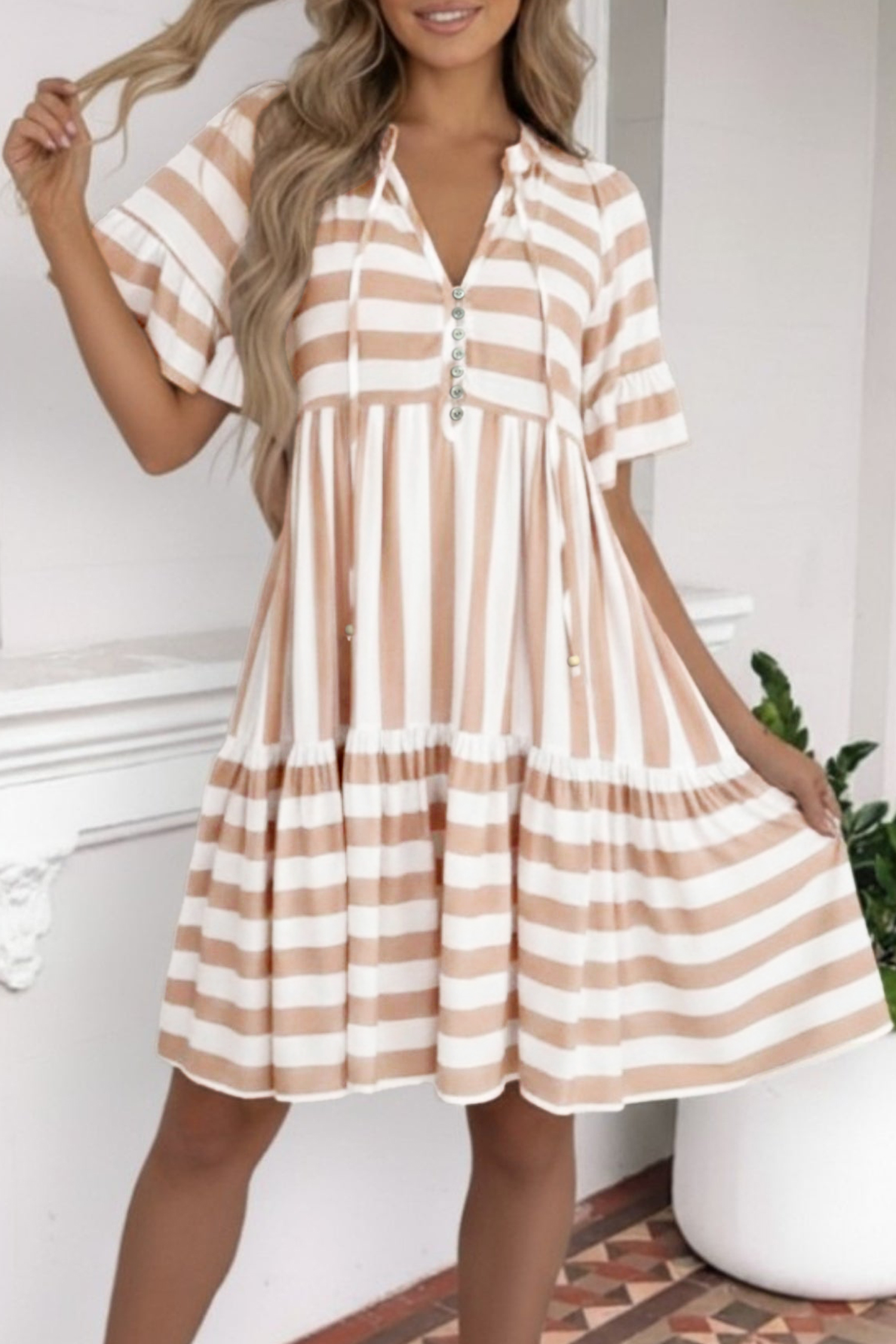 Chic Women's Khaki Stripe A-Line Dress – Ruffle Trim Half Sleeve Casual Summer Outfit - Detail View 3 Chic Women's Khaki Stripe A-Line Dress – Ruffle Trim Half Sleeve Casual Summer Outfit - Detail View 3