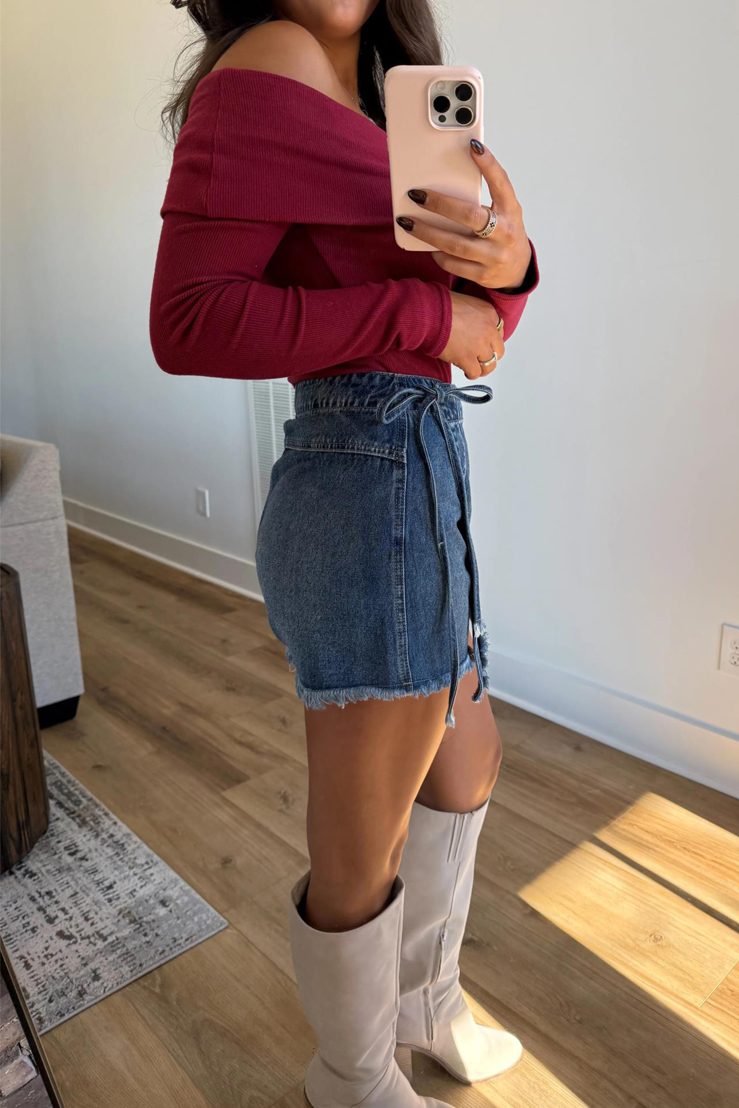 Casual Women's Denim Skort with Knot Detail – Ashleigh Blue High Waist Wrap Skirt for Daily Wear - Detail View 5 Casual Women's Denim Skort with Knot Detail – Ashleigh Blue High Waist Wrap Skirt for Daily Wear - Detail View 5