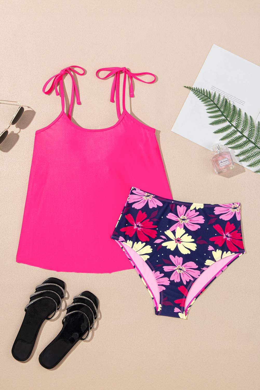 Women's Tankini, Rose Red, Floral Print, Tie Shoulder, Adjustable Fit, Beachwear, Poolside, Comfortable Swimwear, U-Neck Design, Casual Style, Vacation, Bodycon Silhouette, Wire-free Support, Removable Pads - Detail View 8 Women's Tankini, Rose Red, Floral Print, Tie Shoulder, Adjustable Fit, Beachwear, Poolside, Comfortable Swimwear, U-Neck Design, Casual Style, Vacation, Bodycon Silhouette, Wire-free Support, Removable Pads - Detail View 8