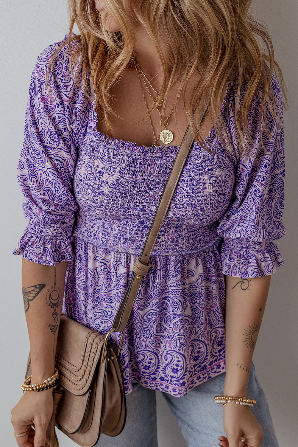 Women's Blouse, Purple, Boho Style, Paisley Print, Half Sleeve, Shirred, Peplum Top, Puff Sleeves, Square Neckline, Casual Wear, Summer Fashion, Comfortable Fit, Lightweight Fabric, Daily Occasions, Trendy Design - Detail View 4 Women's Blouse, Purple, Boho Style, Paisley Print, Half Sleeve, Shirred, Peplum Top, Puff Sleeves, Square Neckline, Casual Wear, Summer Fashion, Comfortable Fit, Lightweight Fabric, Daily Occasions, Trendy Design - Detail View 4