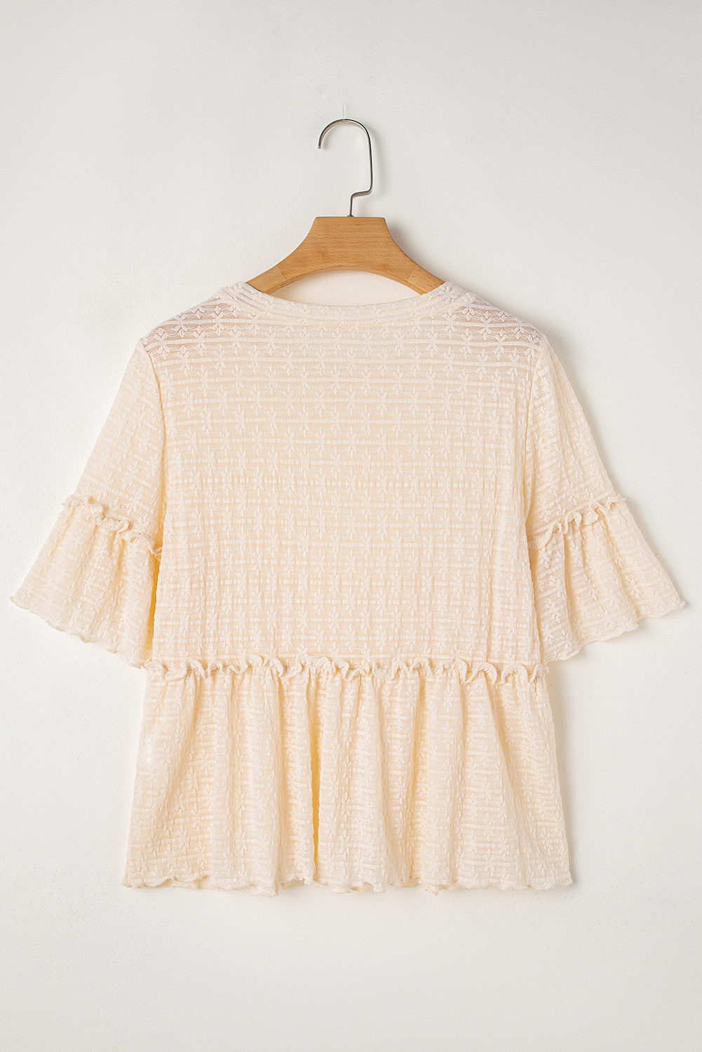 Women's Blouse, Beige Blouse, Ruffled Sleeve, Short Sleeve, Elegant Design, Textured Fabric, Comfortable, Round Neck, Daily Wear, Versatile Style, Summer Fashion, Solid Color, Tops & Shirts - Detail View 4 Women's Blouse, Beige Blouse, Ruffled Sleeve, Short Sleeve, Elegant Design, Textured Fabric, Comfortable, Round Neck, Daily Wear, Versatile Style, Summer Fashion, Solid Color, Tops & Shirts - Detail View 4