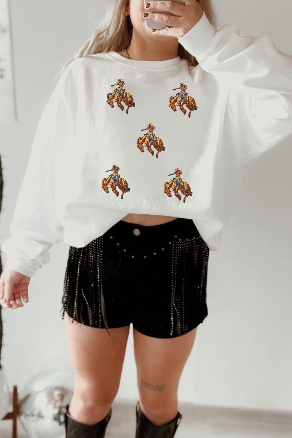 Women's White Sequin Rodeo Patched Drop Shoulder Long Sleeve Sweatshirt - Detail View 5 Women's White Sequin Rodeo Patched Drop Shoulder Long Sleeve Sweatshirt - Detail View 5
