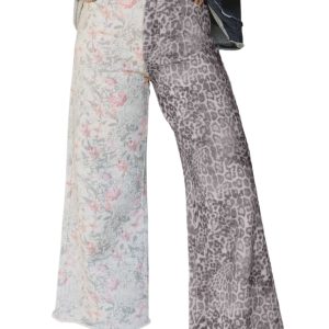 Women's Retro Patchwork Jeans – Multicolour Floral and Leopard Print High Waist Denim - Main View