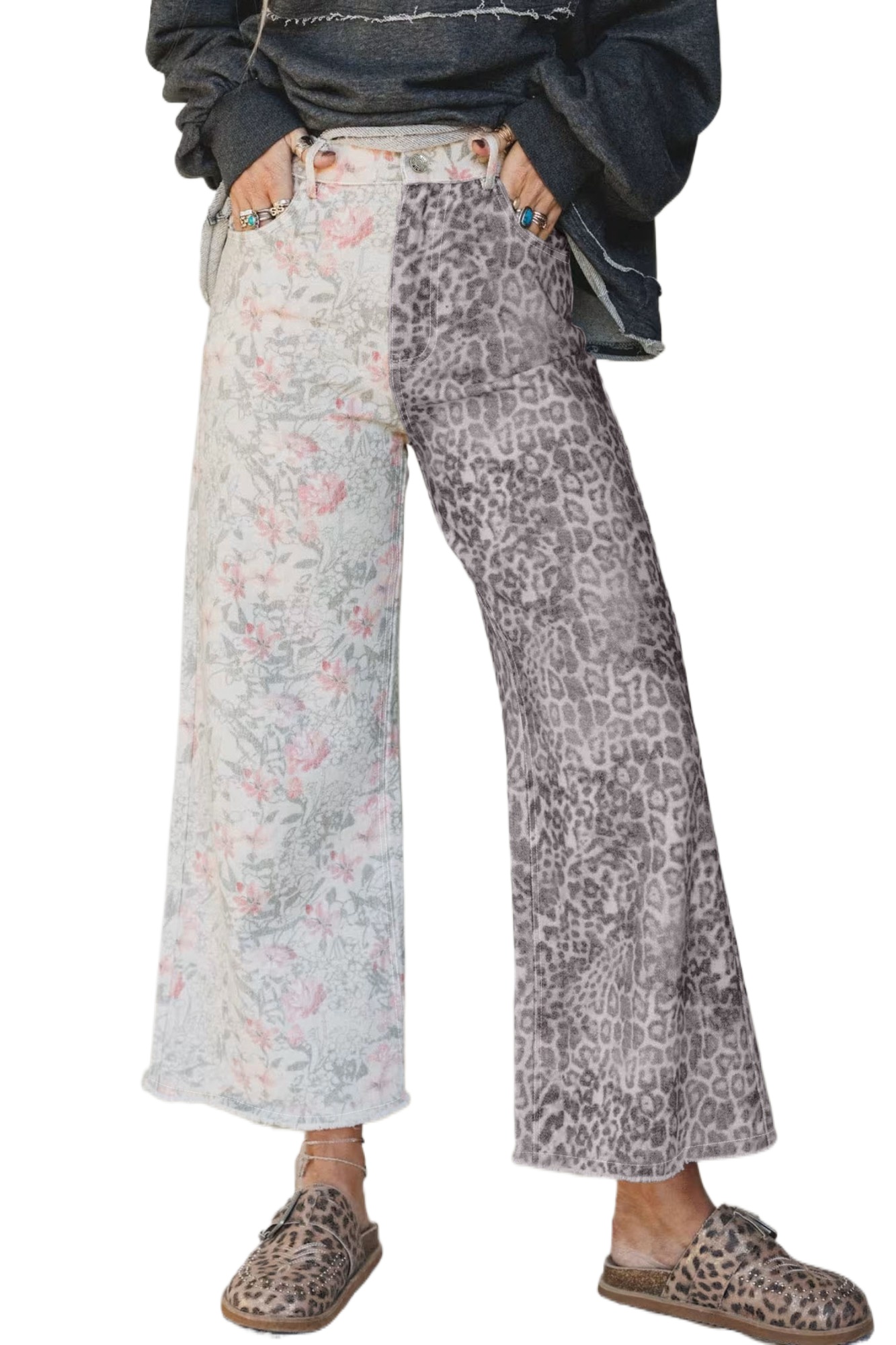 Women's Retro Patchwork Jeans – Multicolour Floral and Leopard Print High Waist Denim - Main View Women's Retro Patchwork Jeans – Multicolour Floral and Leopard Print High Waist Denim - Main View
