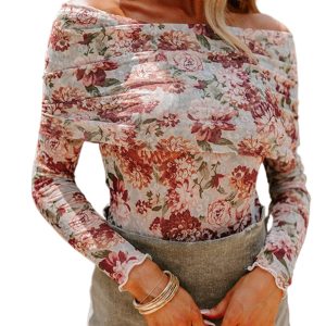 Elegant Pink Floral Printed Long Sleeve Sheath Bodysuit for Women - Main View