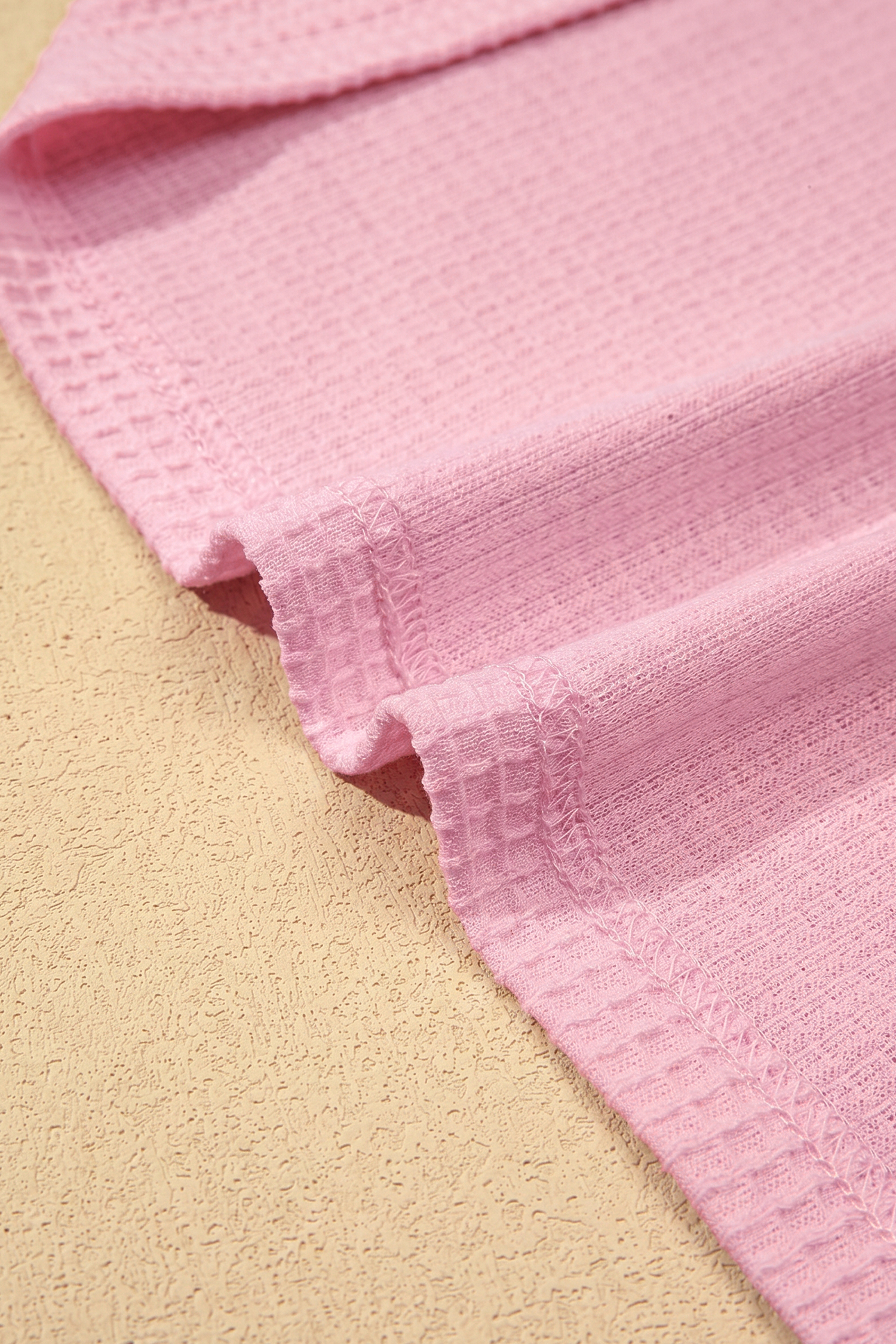 Women's Pink Waffle Knit Blouse – Lace Trim V-Neck Top - Detail View 10 Women's Pink Waffle Knit Blouse – Lace Trim V-Neck Top - Detail View 10