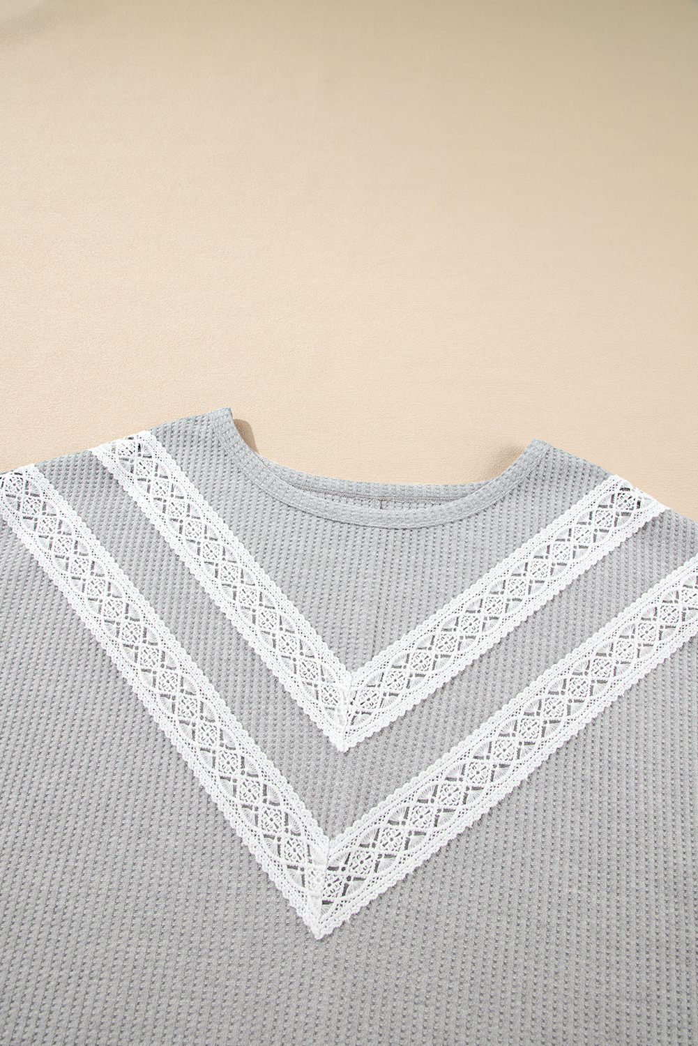 Plus Size Top, Light Grey, Lace Insert, Waffle Knit, Ruffle Sleeves, Casual Style, Daily Wear, Short Sleeve, Flowing Fit, Elegant Design, Comfortable Fabric, Round Neck, Solid Color, Summer Fashion, Tops & Tees - Detail View 8 Plus Size Top, Light Grey, Lace Insert, Waffle Knit, Ruffle Sleeves, Casual Style, Daily Wear, Short Sleeve, Flowing Fit, Elegant Design, Comfortable Fabric, Round Neck, Solid Color, Summer Fashion, Tops & Tees - Detail View 8