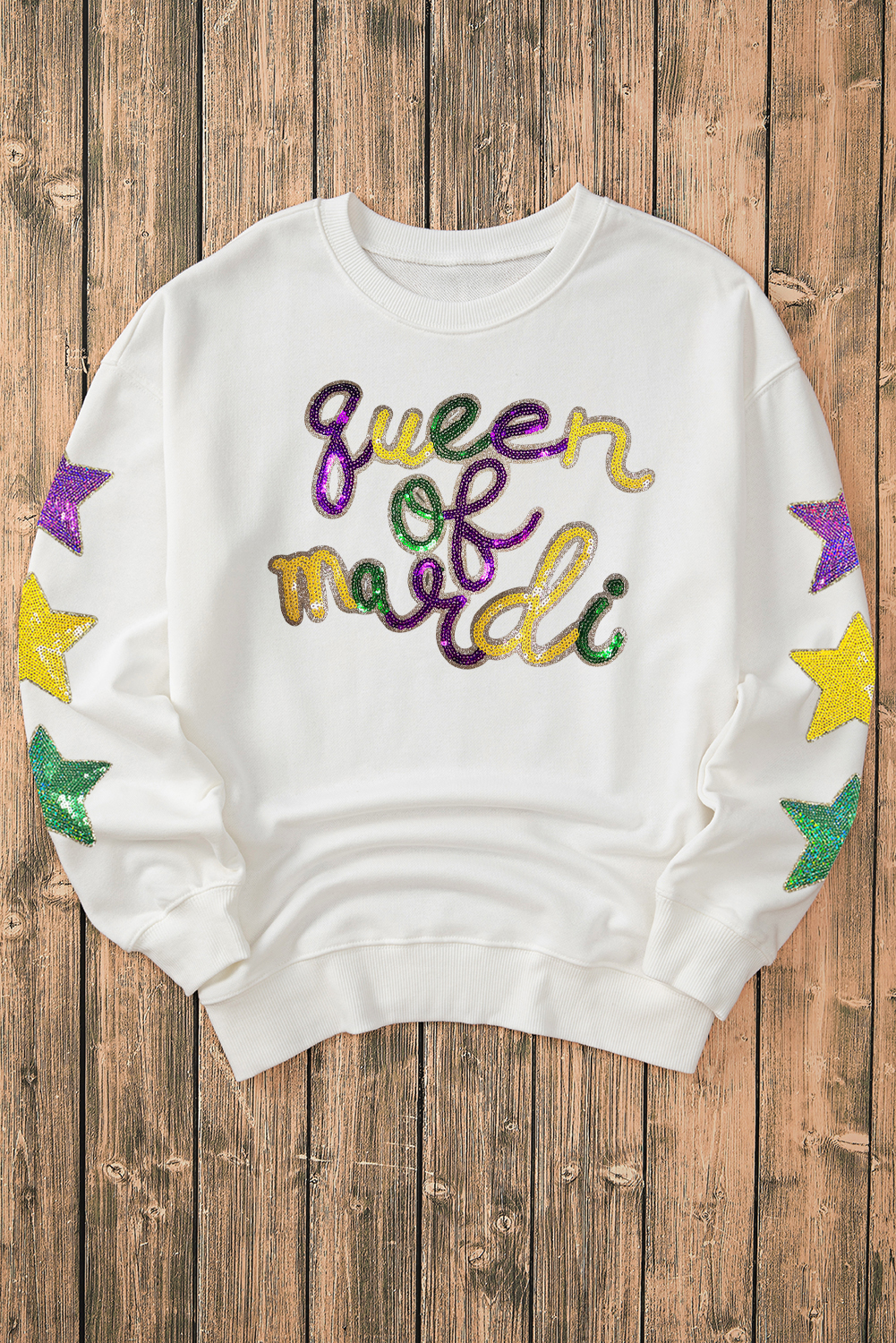 Casual Long Sleeve White Sweatshirt - Sequin 'Queen of Party' Design - Detail View 2 Casual Long Sleeve White Sweatshirt - Sequin 'Queen of Party' Design - Detail View 2