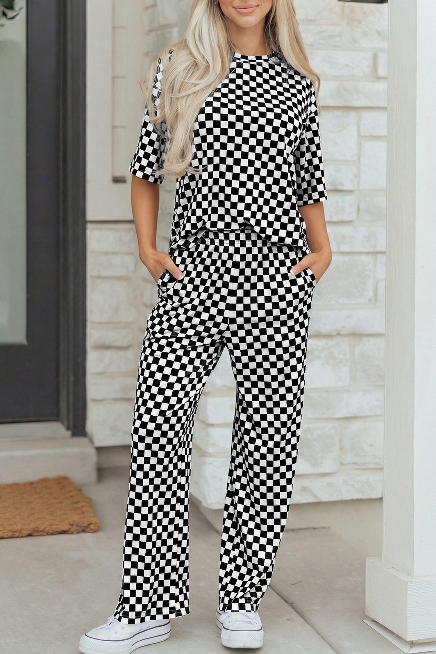 Women's Checkered Print 2-Piece Lounge Set – Half Sleeve Tee and High Waist Pants, Casual Summer Outfit - Detail View 7 Women's Checkered Print 2-Piece Lounge Set – Half Sleeve Tee and High Waist Pants, Casual Summer Outfit - Detail View 7