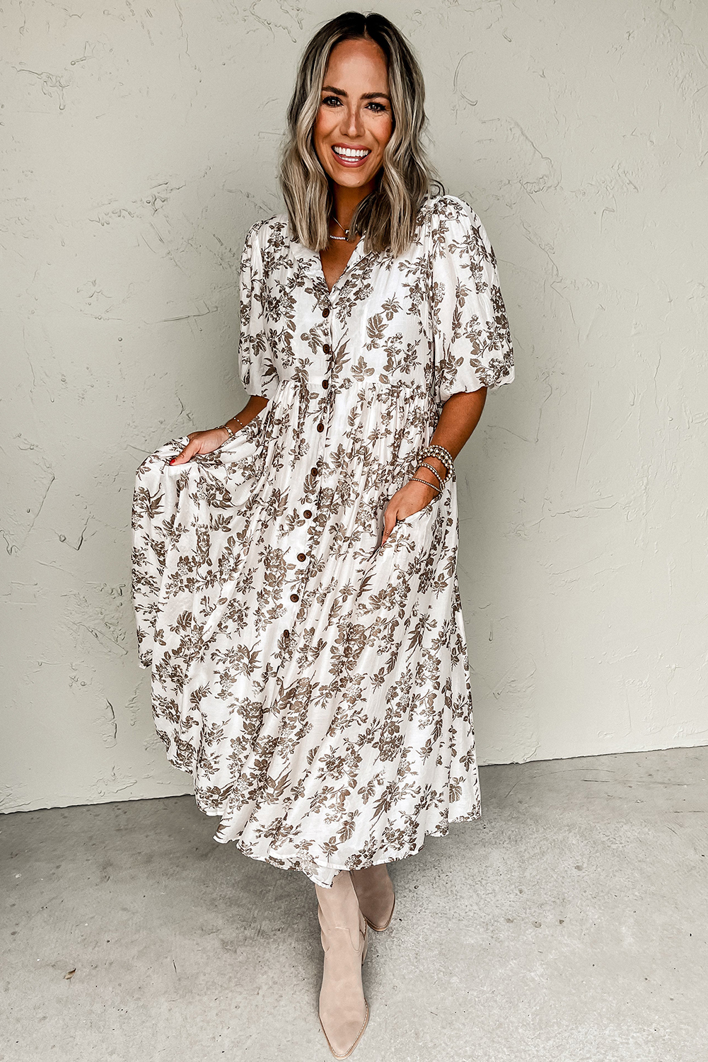 Elegant Khaki Floral Puff Sleeve V Neck Buttoned Front Maxi Dress for Women - Detail View 13 Elegant Khaki Floral Puff Sleeve V Neck Buttoned Front Maxi Dress for Women - Detail View 13