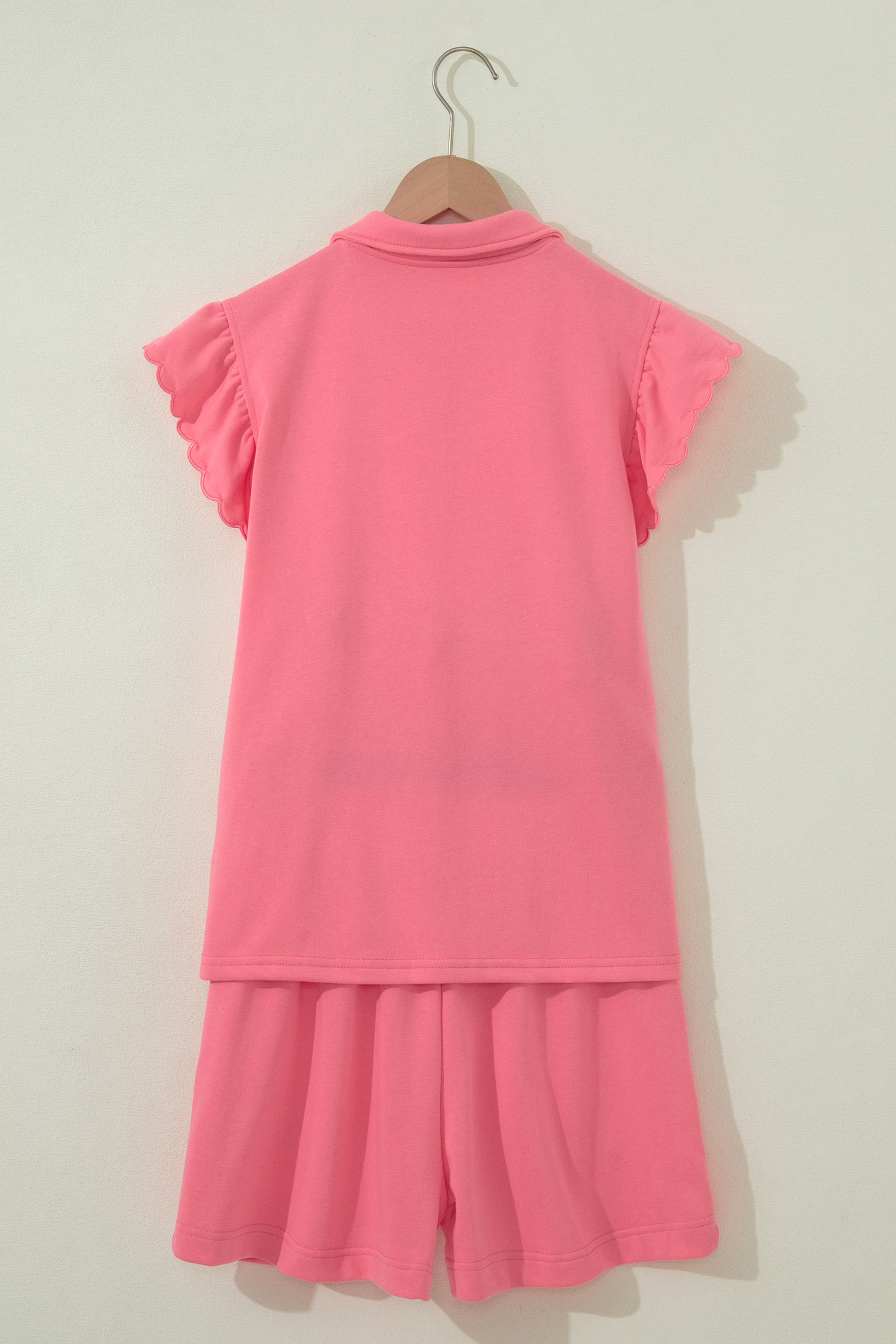 Women's Coral Ruffle Sleeve Short Set – Half Zip High Waist Casual Summer Lounge Set - Detail View 8 Women's Coral Ruffle Sleeve Short Set – Half Zip High Waist Casual Summer Lounge Set - Detail View 8