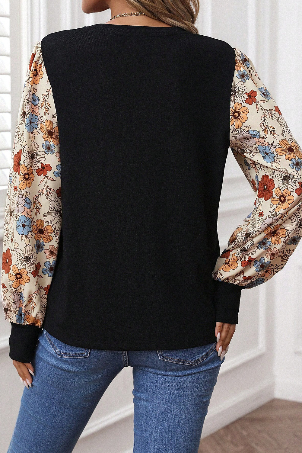Women's Apricot Floral Puff Sleeve Top – Versatile Shift Design for Fall and Spring - Detail View 2 Women's Apricot Floral Puff Sleeve Top – Versatile Shift Design for Fall and Spring - Detail View 2