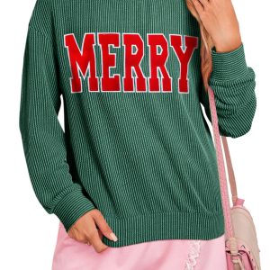 Women's Evergreen Twisted Rib Long Sleeve Top with Merry Letter Graphic – Casual Daily Wear for Fall Comfort - Main View