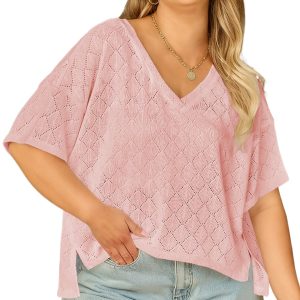 Light Pink Pointelle Rhombus Knit Plus Size V Neck Top – Casual Summer Style for Women - Main View