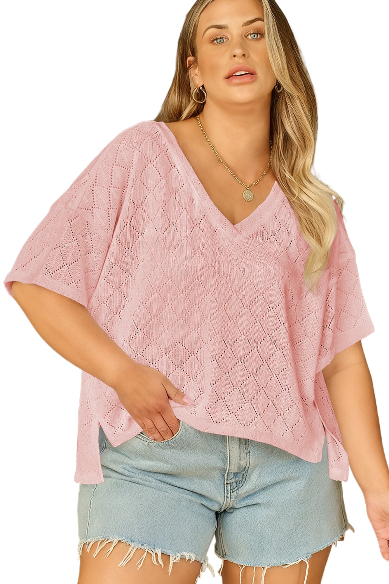 Light Pink Pointelle Rhombus Knit Plus Size V Neck Top – Casual Summer Style for Women - Main View Light Pink Pointelle Rhombus Knit Plus Size V Neck Top – Casual Summer Style for Women - Main View