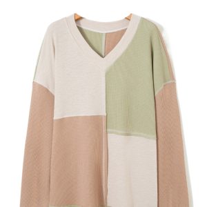 Women's Green Plus Color Block Long Sleeve V Neck Top – Casual Spring Style - Main View