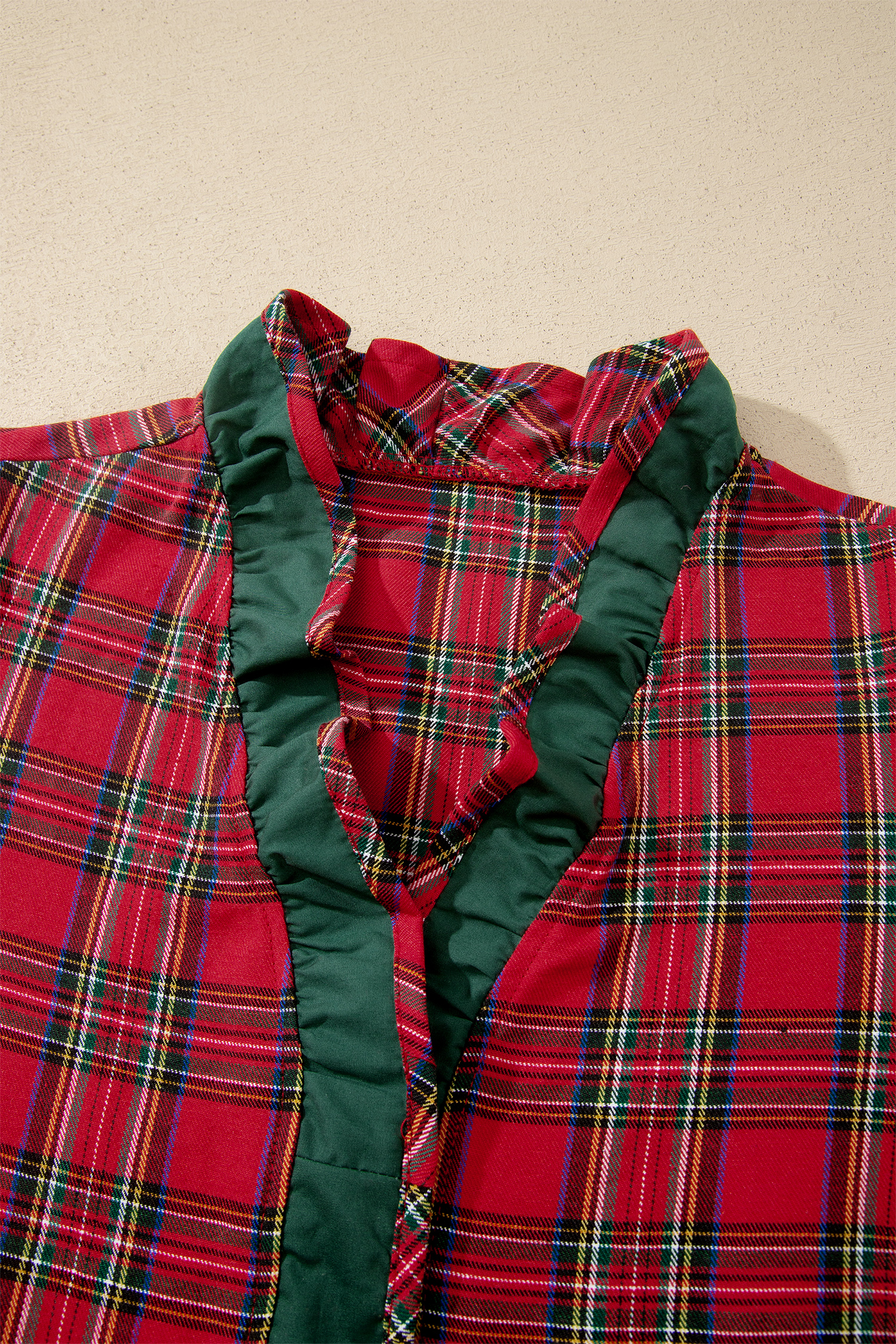 Women's Red Plaid Shirt, Festive V Neck Short Sleeve Blouse - Detail View 7 Women's Red Plaid Shirt, Festive V Neck Short Sleeve Blouse - Detail View 7